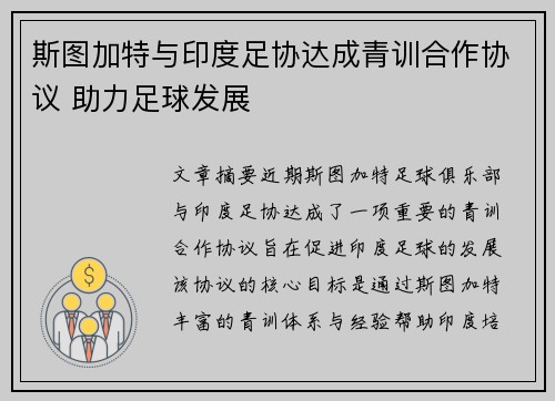 斯图加特与印度足协达成青训合作协议 助力足球发展